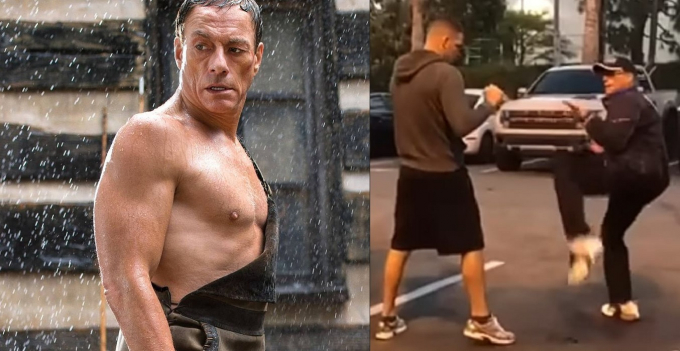 Jean-Claude Van Damme enseña sus patadas a dos luchadores de la UFC