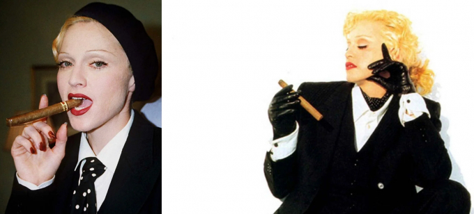 Madonna en dos instantáneas diferentes fumando puros de alta calidad.